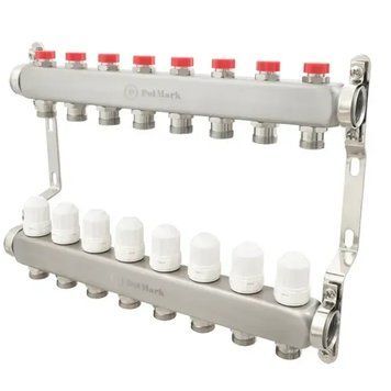 Коллекторный блок Polmark 1"&times;3/4" на 8 контуров с термостатическими клапанами, нержавеющая сталь