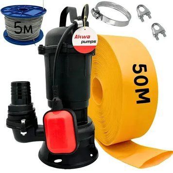 Фекальний насос Akwa Pumps WQD 12-10-1.5, 1,5 кВт, напір 10 м, 200 л/хв, чавунний корпус, у комплекті: рукав 50 м, трос, хомут, затискачі