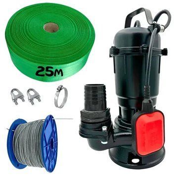 Фекальний насос Akwa Pumps WQD з подрібнювачем, 2,5 кВт, напір 13 м, 217 л/хв, чавунний корпус, у комплекті: рукав 25 м, трос, хомут, затискачі