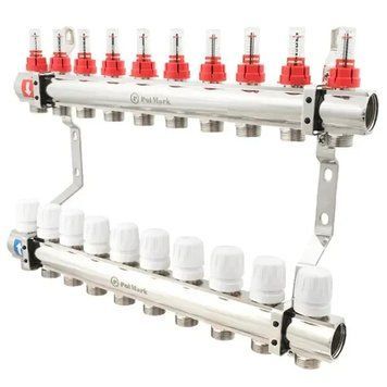 Коллекторный блок Polmark PBMF110 1"&times;3/4" на 10 контуров с расходомерами и термоклапанами, латунь