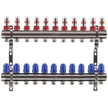 Коллекторный блок Koer KR.1110-11 1"&times;3/4" на 11 контуров с расходомерами, латунь