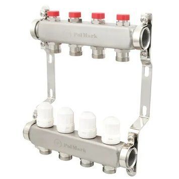 Коллекторный блок Polmark 1"&times;3/4" на 4 контура с термостатическими клапанами, нержавеющая сталь
