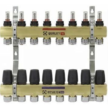 Колекторний блок Raftec Gold 1"&times;3/4" на 8 контурів з витратомірами, латунь