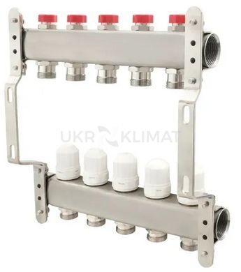 Колекторний блок Polmark 1"&times;3/4" на 5 контурів з термостатичними клапанами, нержавіюча сталь
